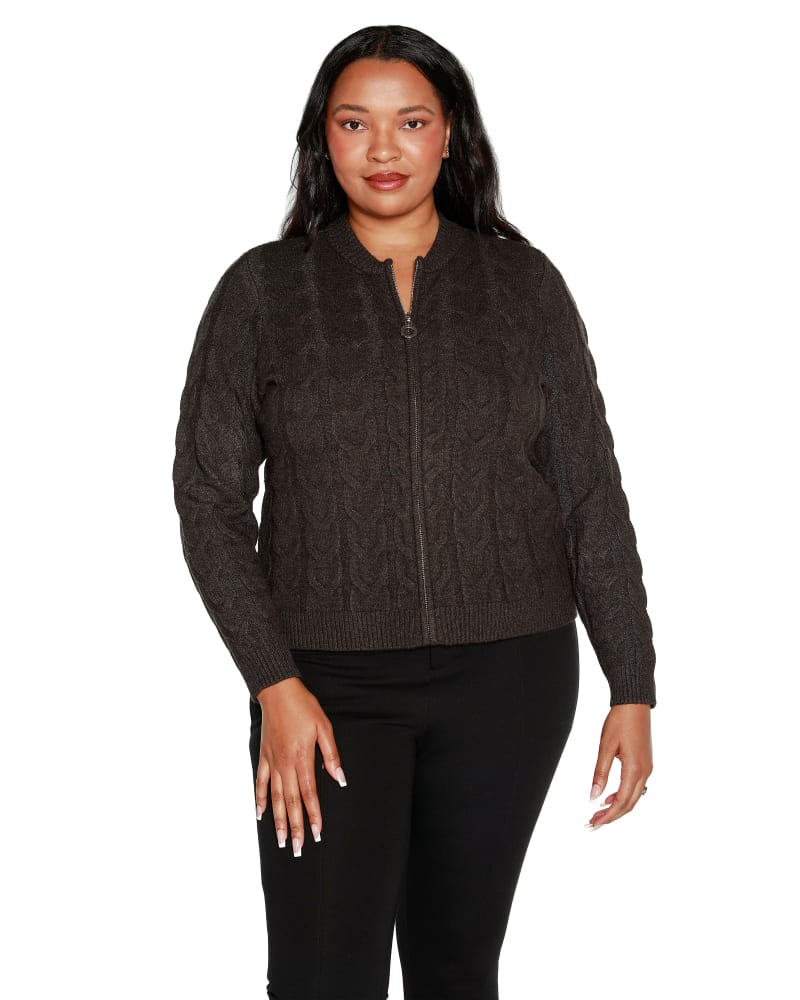 Front of a model wearing a size 3X Zip Cable Sweater in Heather Charcoal by Belldini Black Label. | dia_product_style_image_id:309845